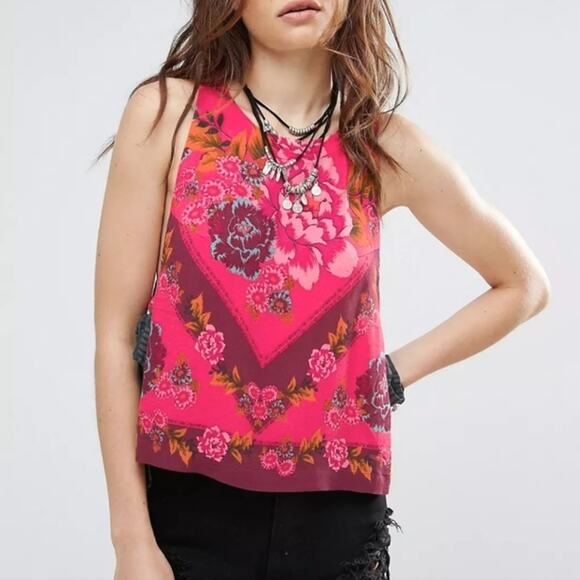 Free People Floral Scoop Neck Sleeveless Side Tie Pink Tank Top Size XS - Picture 1 of 16
